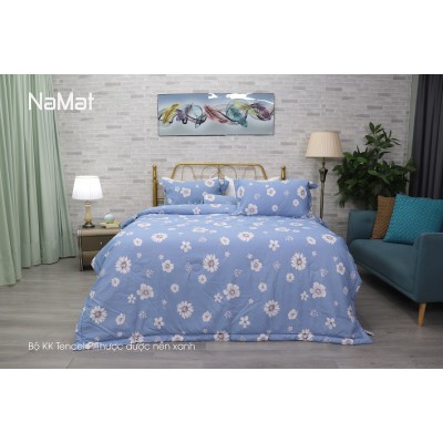 Bộ Chăn Ga Gối TencelP Thược dược nền xanh
